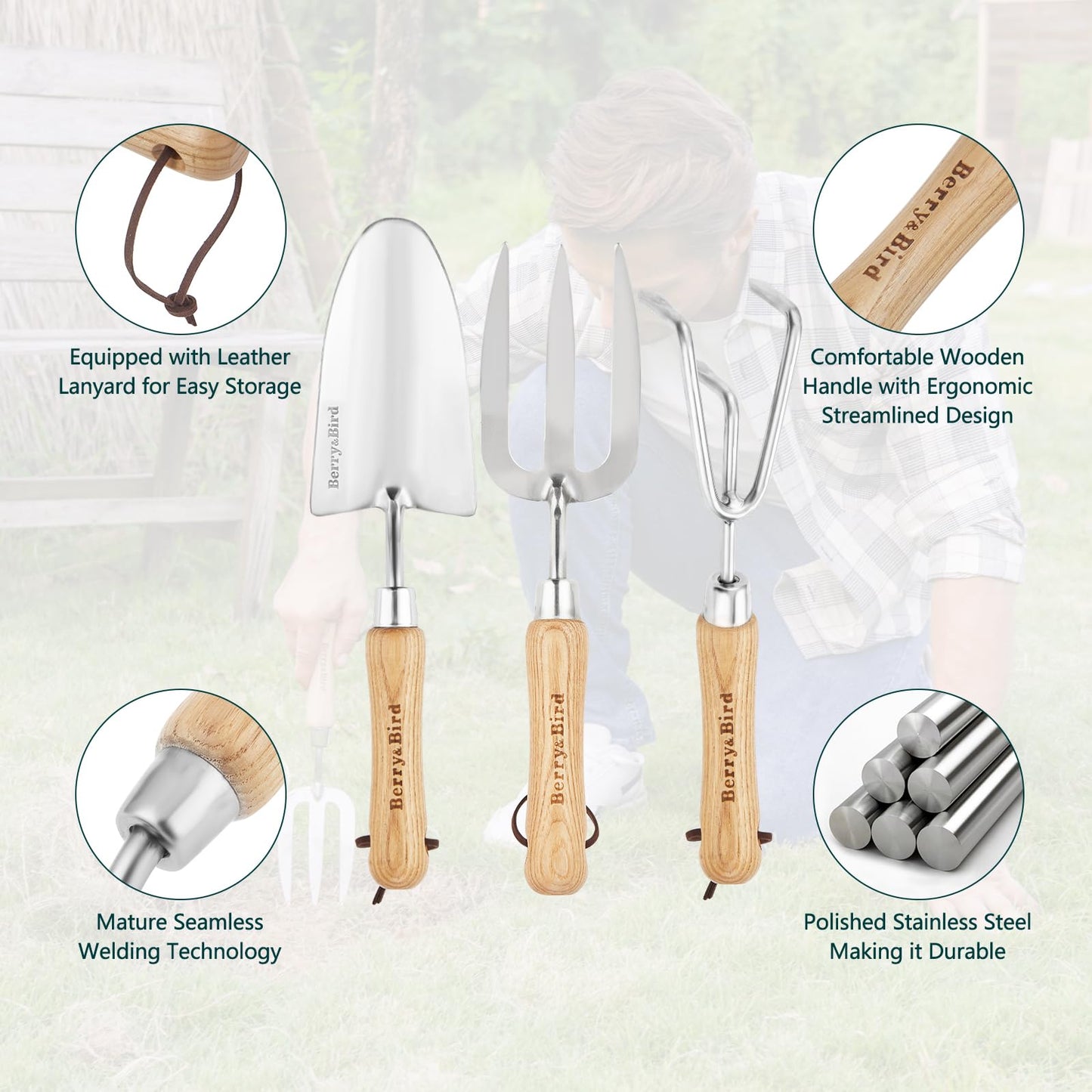 Garden Tool Set 3 PCS Stainless Steel Gardening Tool Kit (Hand Trowel, Hand Cultivator, Hand Fork )