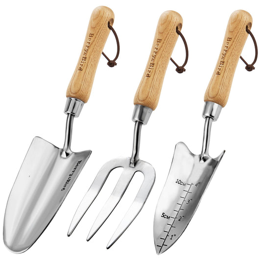 Garden Tool Set 3 PCS Stainless Steel Gardening Tool Kit (Hand Trowel, Hand Fork, Hand Measuring Shovel)