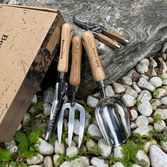 Garden Tool Set 4 PCS Stainless Steel Gardening Tool Kit (5-in-1 Hand Multi Weeder, Hand Fork, Hand Potting Scoop, Wooden Handle Bypass Secateirs)