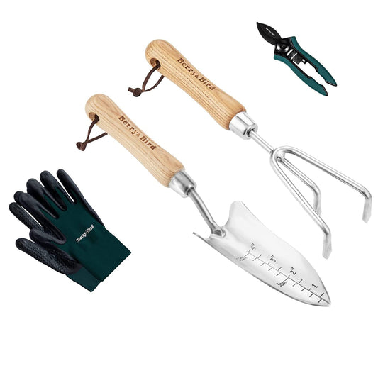 Garden Tool Set 4 PCS Stainless Steel Gardening Tool Kit (Wooden Handle Trowel & Rake, Garden Shears, Gloves)