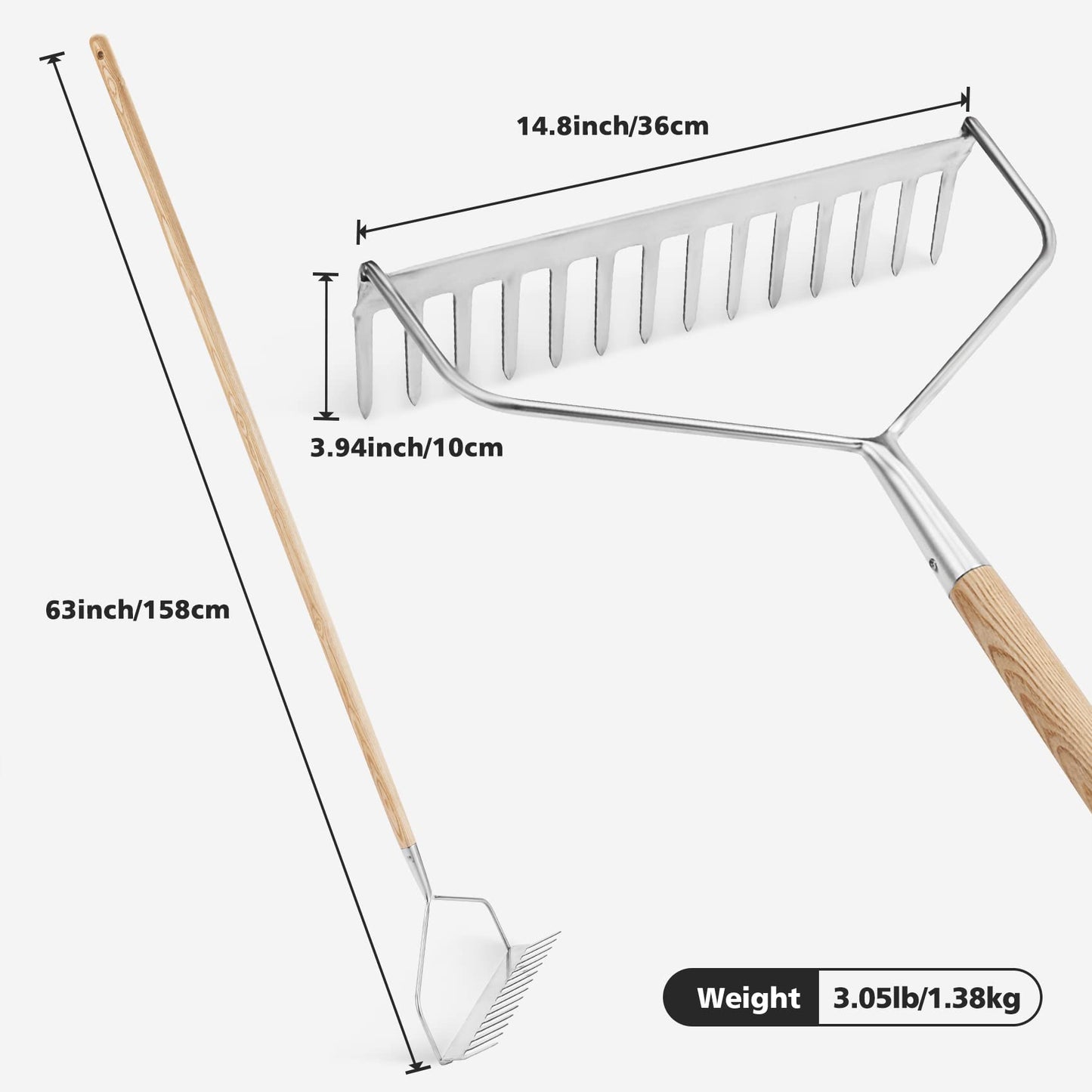 Garden Tools 14 Tines Bow Rake 63 Inch with Wooden Long Handle Soil Rake Stainless Steel Hard Rake