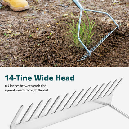 Garden Tools 14 Tines Bow Rake 63 Inch with Wooden Long Handle Soil Rake Stainless Steel Hard Rake