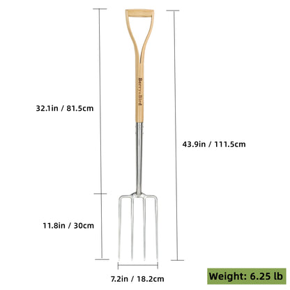 Garden Tools 4-Tine Digging Fork 43.9 Inch with D-Grip Handle Stainless Steel Heavy Duty Spading Fork