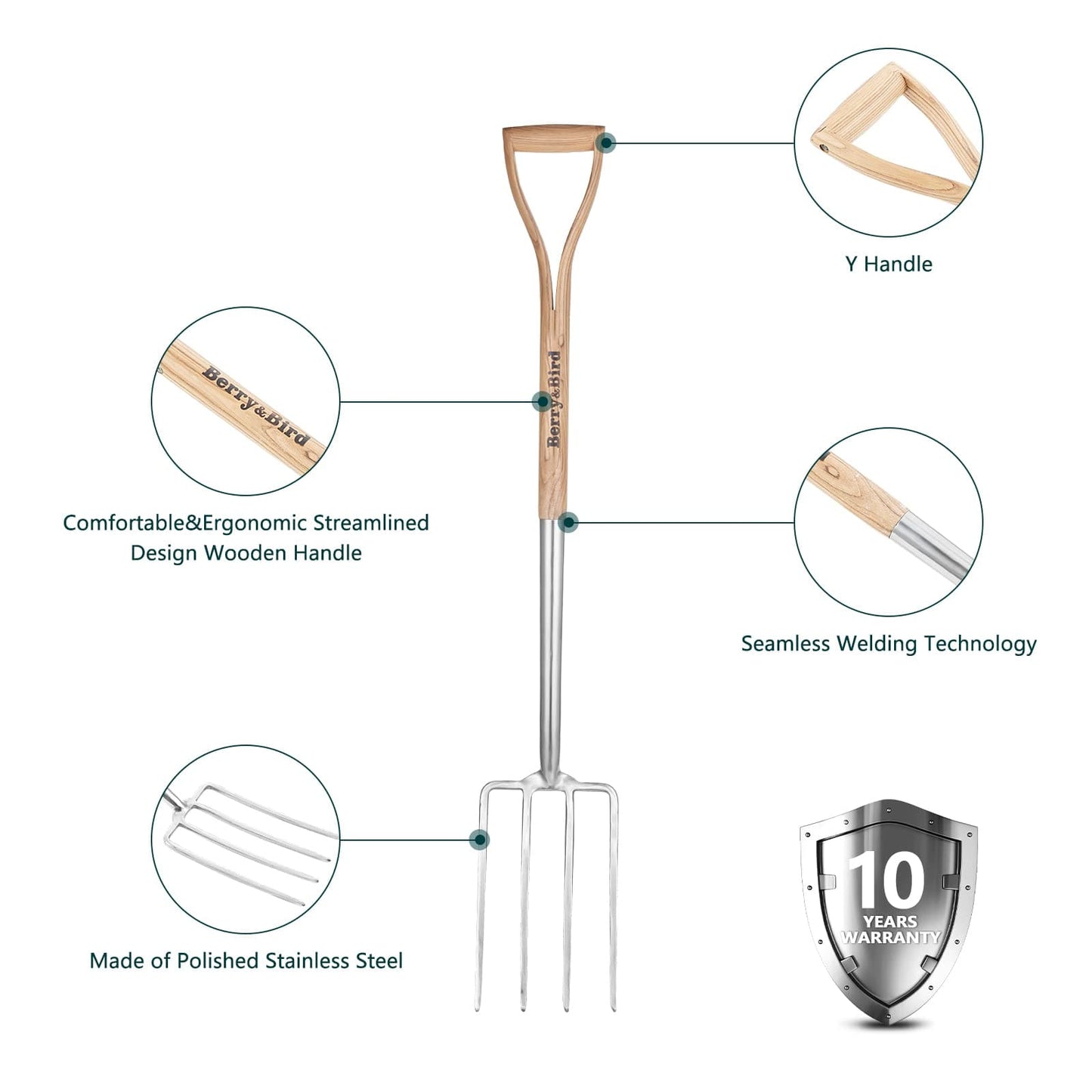 Garden Tools 4-Tine Digging Fork 41 Inch with D-Grip Handle Stainless Steel Heavy Duty Spading Fork