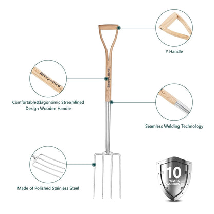 Garden Tools 4-Tine Digging Fork 41 Inch with D-Grip Handle Stainless Steel Heavy Duty Spading Fork