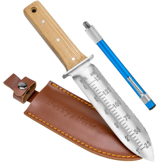 Garden Tools Garden Knife 7 inch Stainless Steel Serrated Blade with Leather Sheath and Sharpening Stone