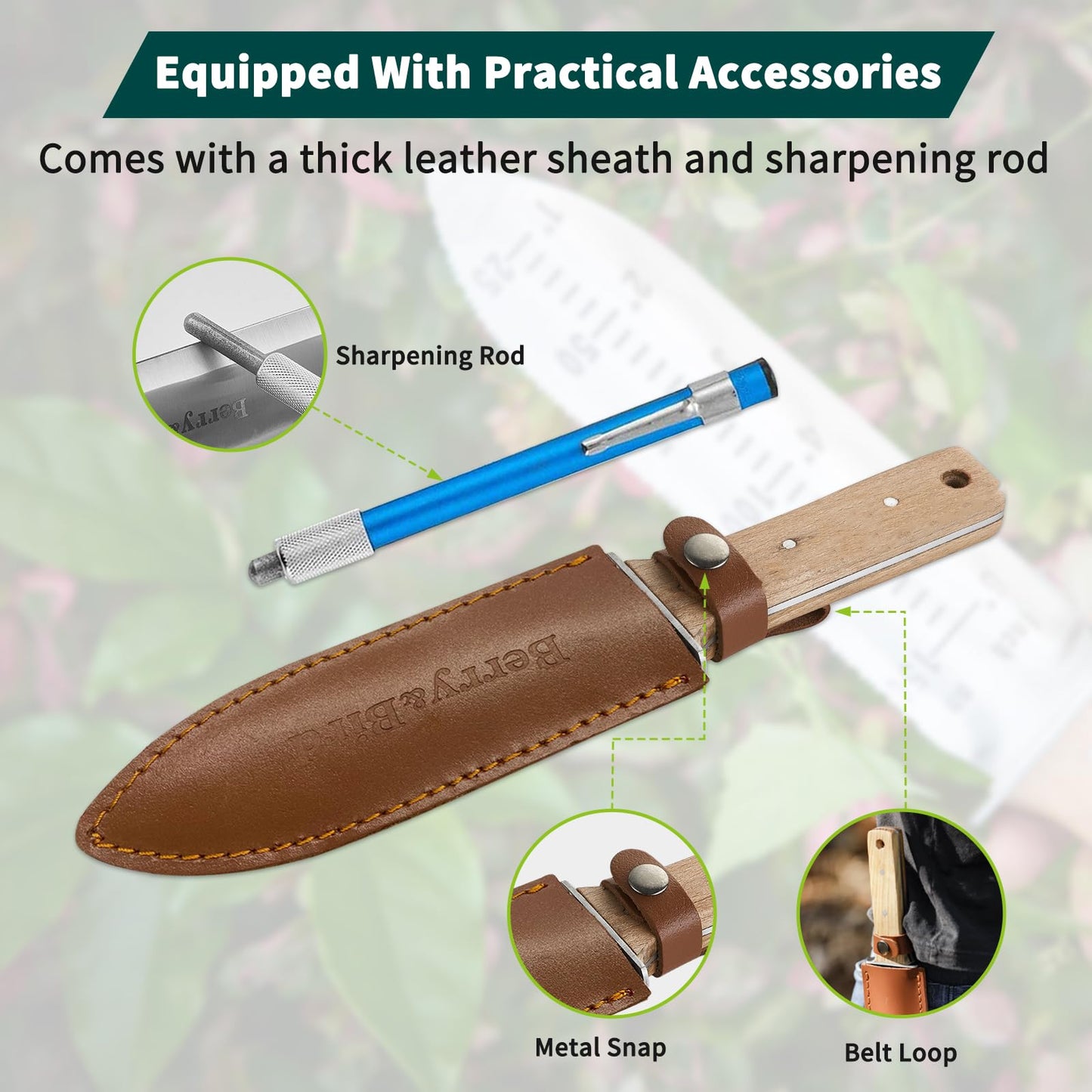 Garden Tools Garden Knife 7 inch Stainless Steel Serrated Blade with Leather Sheath and Sharpening Stone