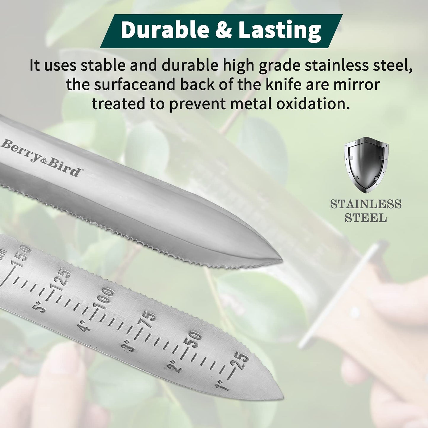 Garden Tools Garden Knife 7 inch Stainless Steel Serrated Blade with Leather Sheath and Sharpening Stone