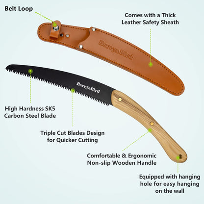 Garden Tools Hand Wooden Handle Pruning Saw 10 inch with SK-5 Carbon Steel Blade and Leather Safety Sheath