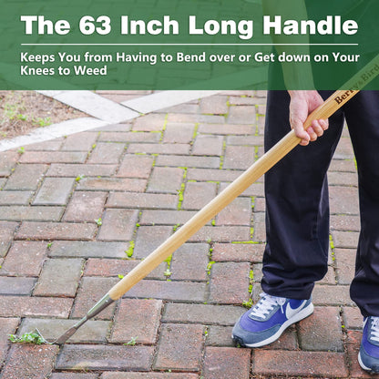 Garden Tools Long Handle Crack Weeder 63 Inch with Wood Handle L-Shaped Stainless Steel Garden Crevice Weeding Sickle Tool