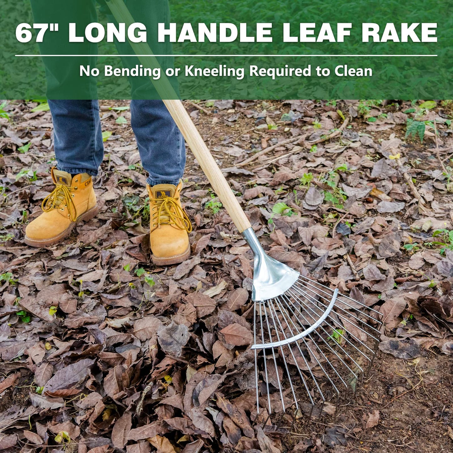 Garden Tools Long Handle Leaf Rake 67 inch Stainless Steel Shrub Rake 16 Tines Fan Garden Rake with Wooden Handle