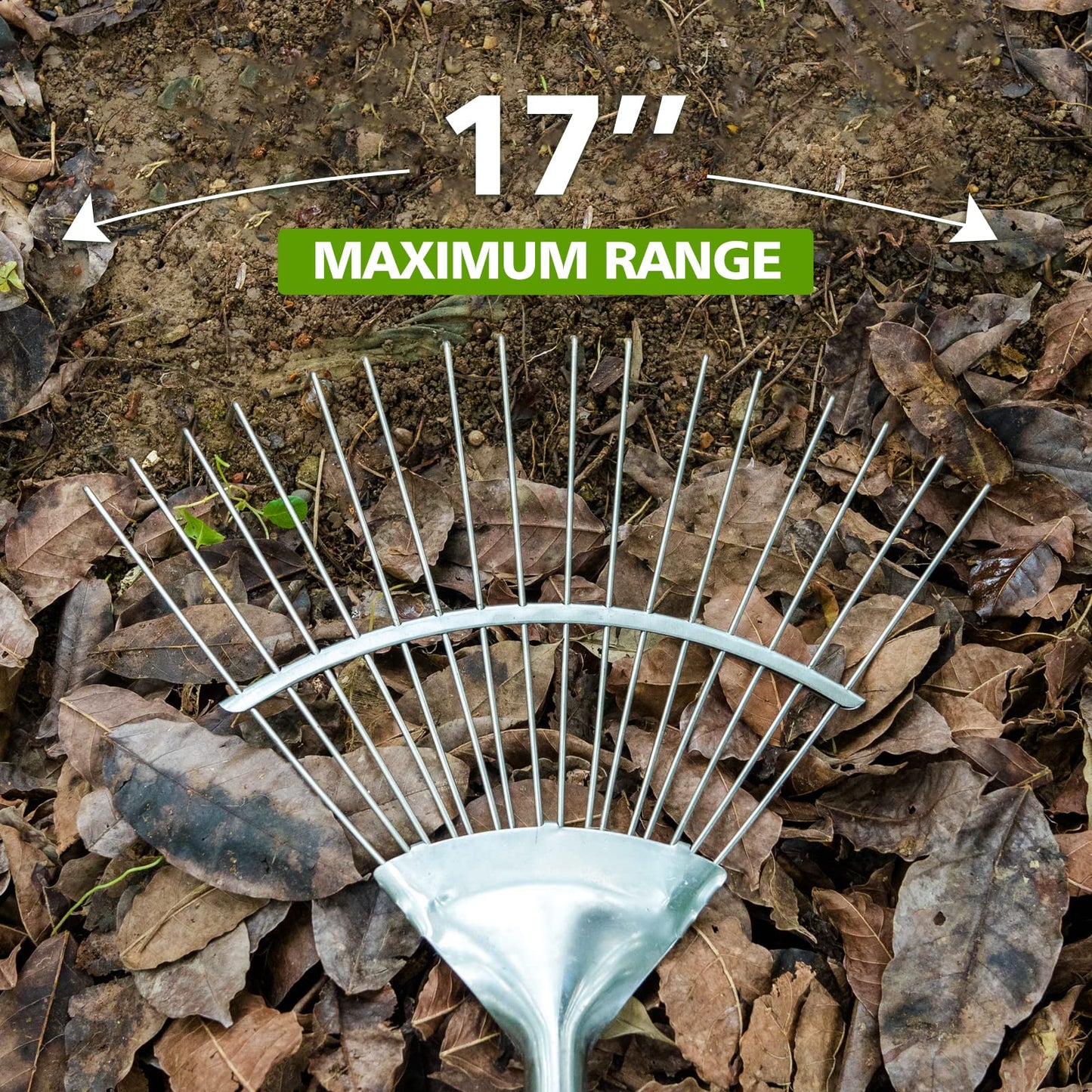 Garden Tools Long Handle Leaf Rake 67 inch Stainless Steel Shrub Rake 16 Tines Fan Garden Rake with Wooden Handle