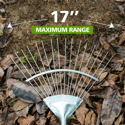 Garden Tools Long Handle Leaf Rake 67 inch Stainless Steel Shrub Rake 16 Tines Fan Garden Rake with Wooden Handle