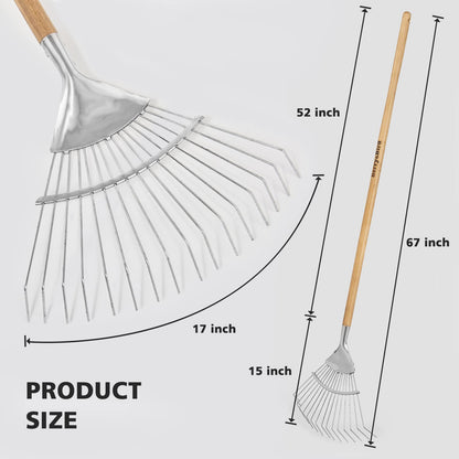 Garden Tools Long Handle Leaf Rake 67 inch Stainless Steel Shrub Rake 16 Tines Fan Garden Rake with Wooden Handle