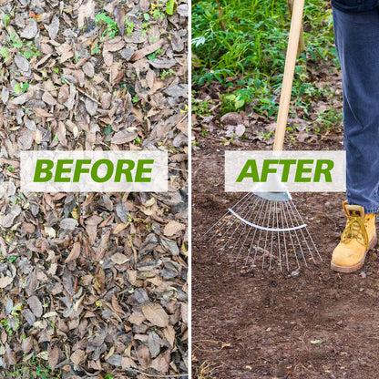 Garden Tools Long Handle Leaf Rake 67 inch Stainless Steel Shrub Rake 16 Tines Fan Garden Rake with Wooden Handle