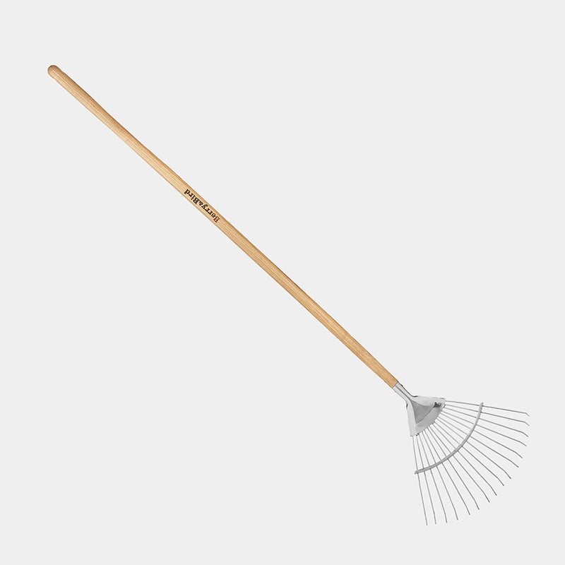 Garden Tools Long Handle Leaf Rake 55 inch Stainless Steel Shrub Rake 16 Tines Fan Garden Rake with Wooden Handle