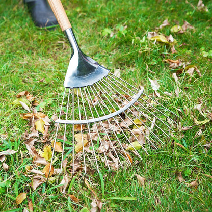 Garden Tools Long Handle Leaf Rake 55 inch Stainless Steel Shrub Rake 16 Tines Fan Garden Rake with Wooden Handle