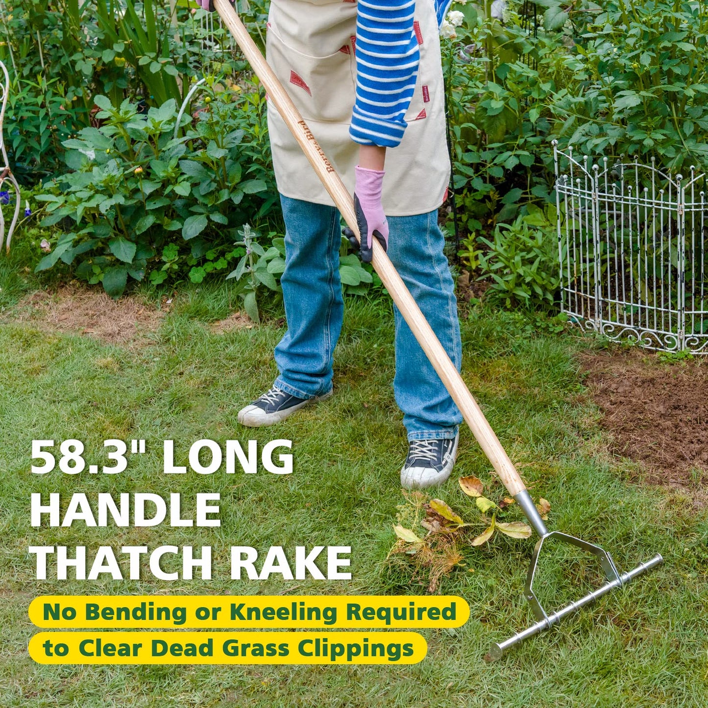 Garden Tools Long Handle Thatch Rake 58.3 inch Stainless Steel Aerator Cutter Rake 10 Tines Garden Scarifying Rake with Wooden Handle