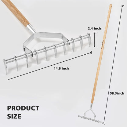 Garden Tools Long Handle Thatch Rake 58.3 inch Stainless Steel Aerator Cutter Rake 10 Tines Garden Scarifying Rake with Wooden Handle