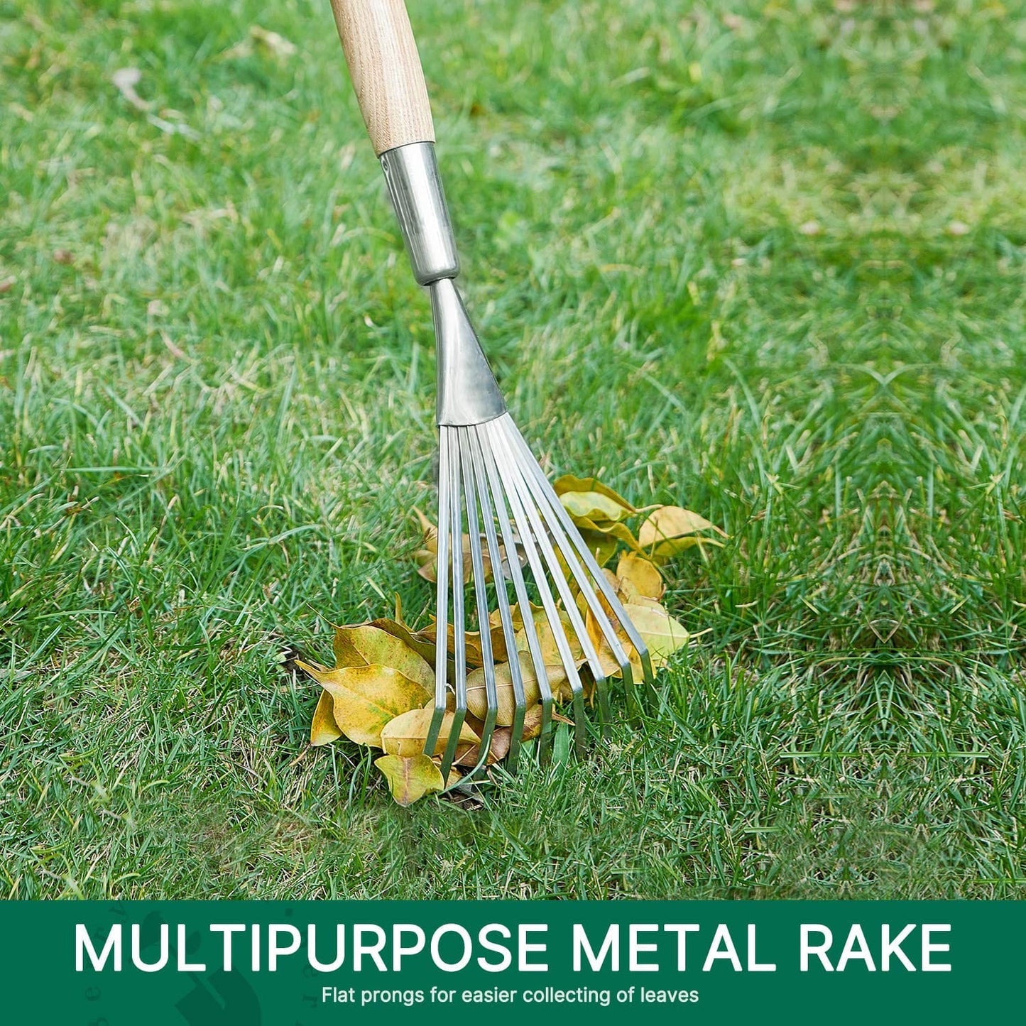 Garden Tools Hand Shrub Rake 24.8 inch Stainless Steel Grass Rake 9 Tines Fan Lawn Leaf with Wooden Handle