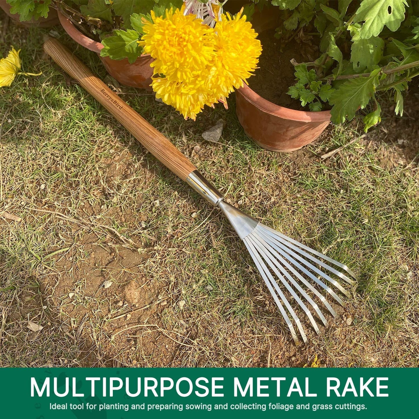 Garden Tools Hand Shrub Rake 24.8 inch Stainless Steel Grass Rake 9 Tines Fan Lawn Leaf with Wooden Handle