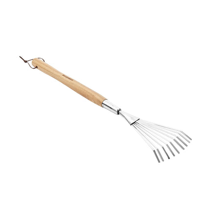 Garden Tools Hand Shrub Rake 24.8 inch Stainless Steel Grass Rake 9 Tines Fan Lawn Leaf with Wooden Handle