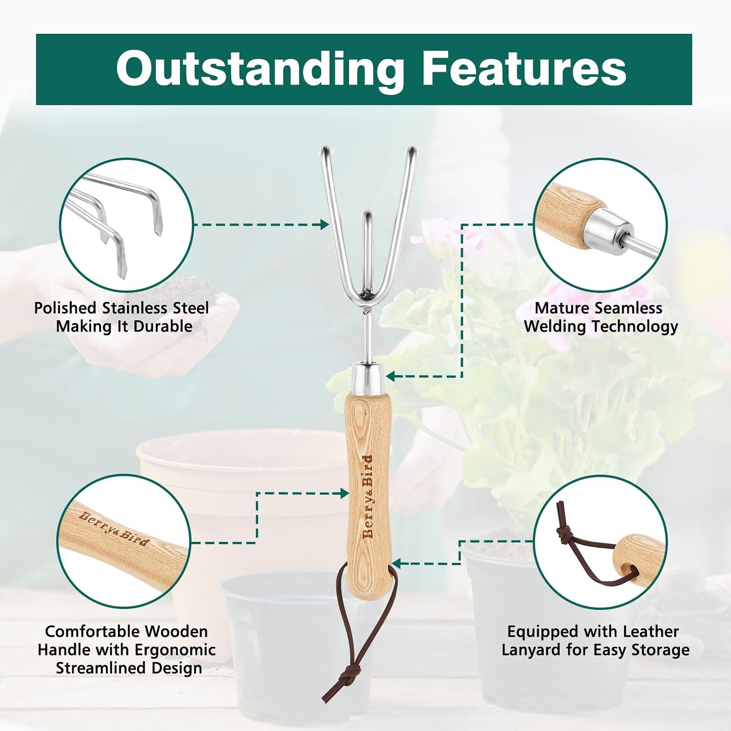 Garden Tools Lighter Hand Cultivator with Wooden Handle Stainless Steel Handheld Triple Claw Hand Rake