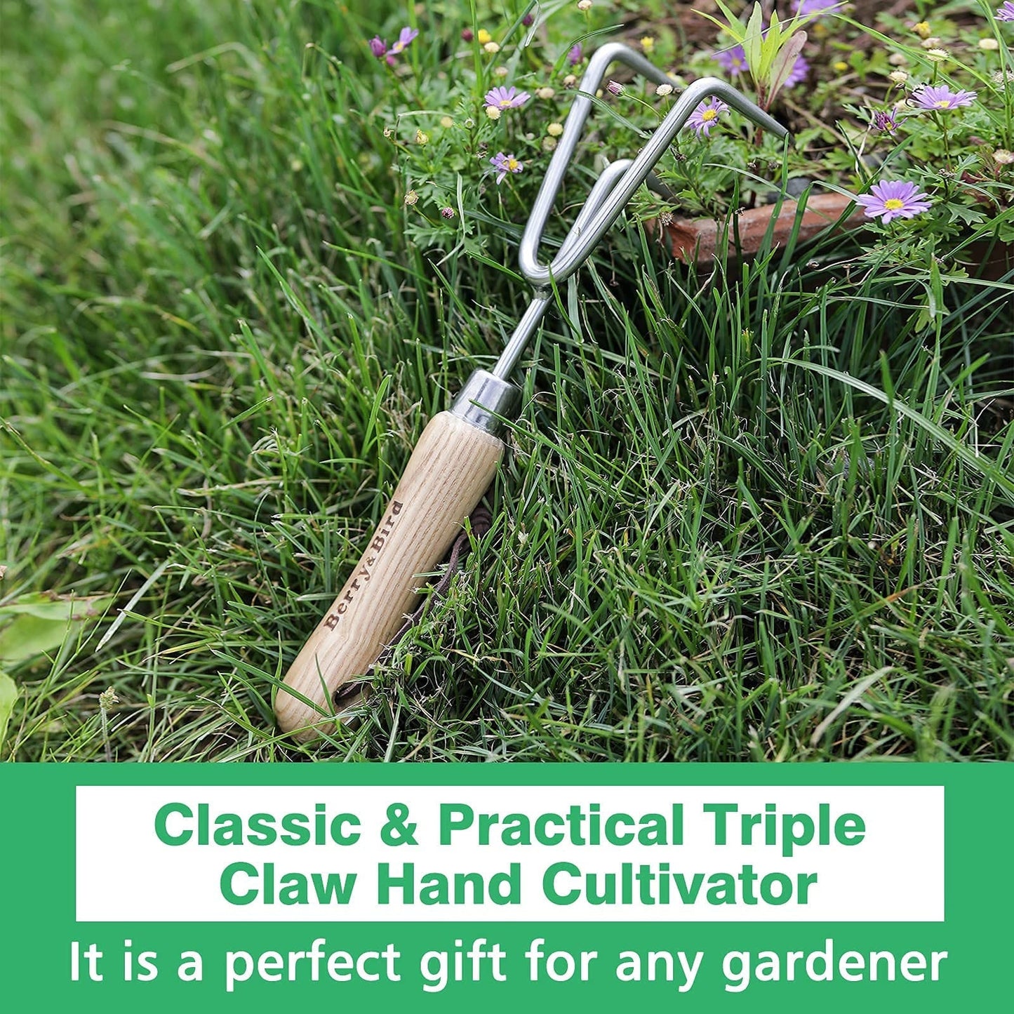 Garden Tools Lighter Hand Cultivator with Wooden Handle Stainless Steel Handheld Triple Claw Hand Rake