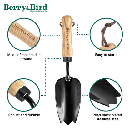 Garden Tool Lighter Hand Trowel with Wooden Handle Stainless Steel Small Flower Shovel (Black)