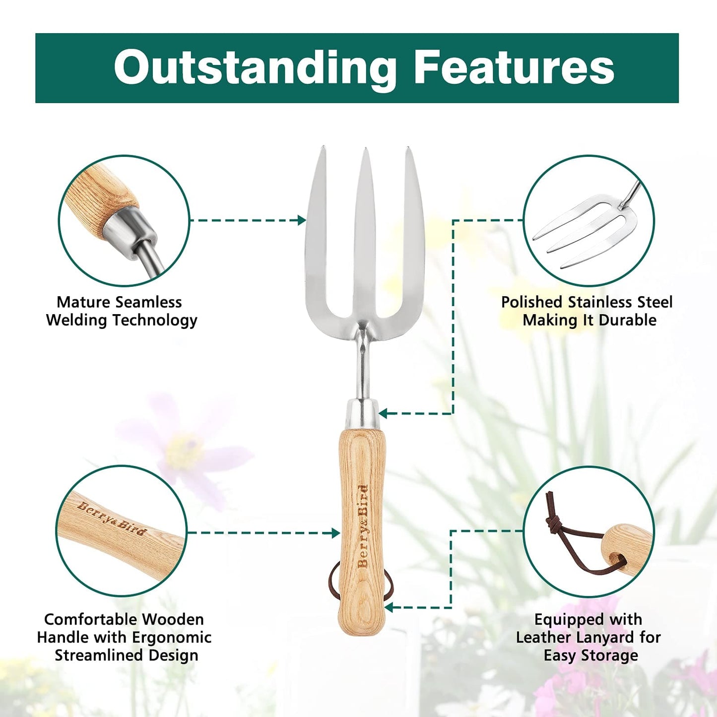 Garden Tools Lighter Hand Fork with Wood Handle Stainless Steel Hand Weed Fork