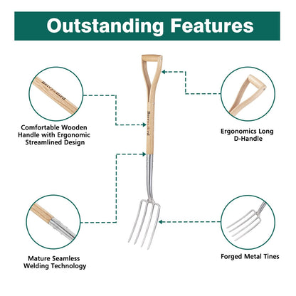 Garden Tools 4-Tine Digging Fork 43.9 Inch with D-Grip Handle Stainless Steel Heavy Duty Spading Fork