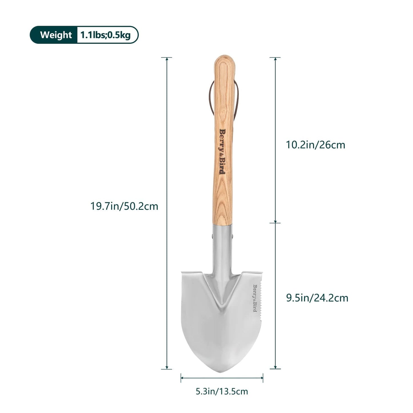 Garden Tools Short Hand Camping Shovel 19.7 inch with Wood Handle and Serrated Multipurpose Stainless Steel Gardening Digging Spade