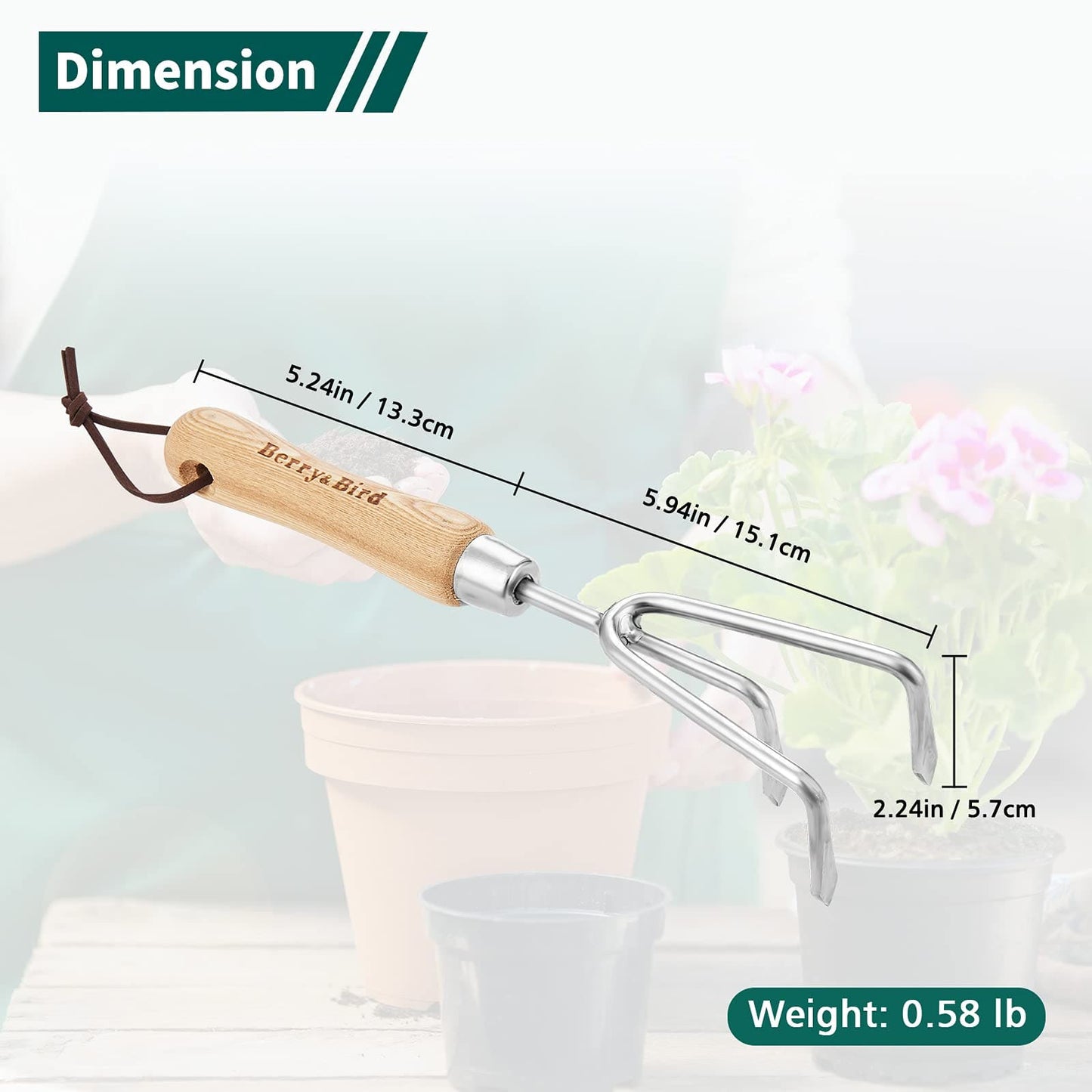 Garden Tools Hand Cultivator 11.2 Inch with Wooden Handle Stainless Steel Handheld Triple Claw Hand Rake