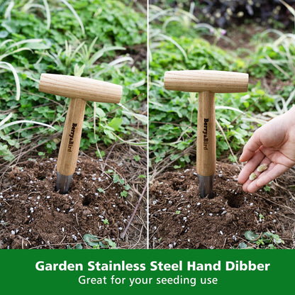 Garden Tools Hand Dibber 11.1 Inch with Wood Handle Stainless Steel Hole Punch Dibbler Tool