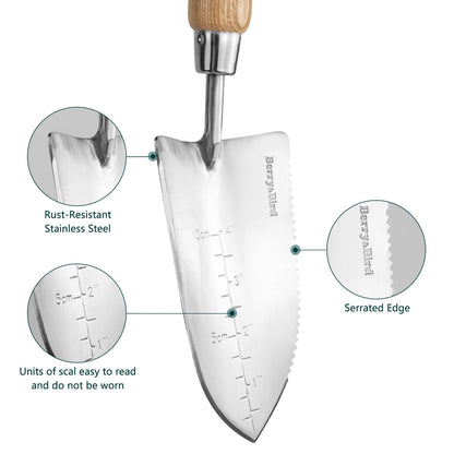 Garden Tools Potting Serrated Planting Trowel 12.4 Inch with Wood Handle Stainless Steel Digging Trowel Transplanter