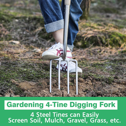 Garden Tools 4-Tine Digging Fork 43.9 Inch with D-Grip Handle Stainless Steel Heavy Duty Spading Fork