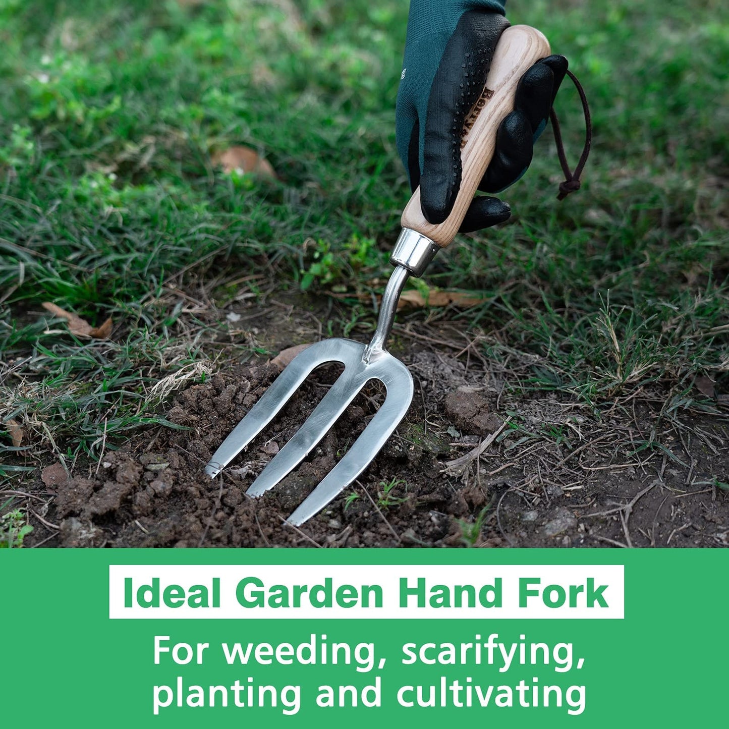 Garden Tools Hand Fork 12.3 Inch with Wood Handle Stainless Steel Hand Weed Fork