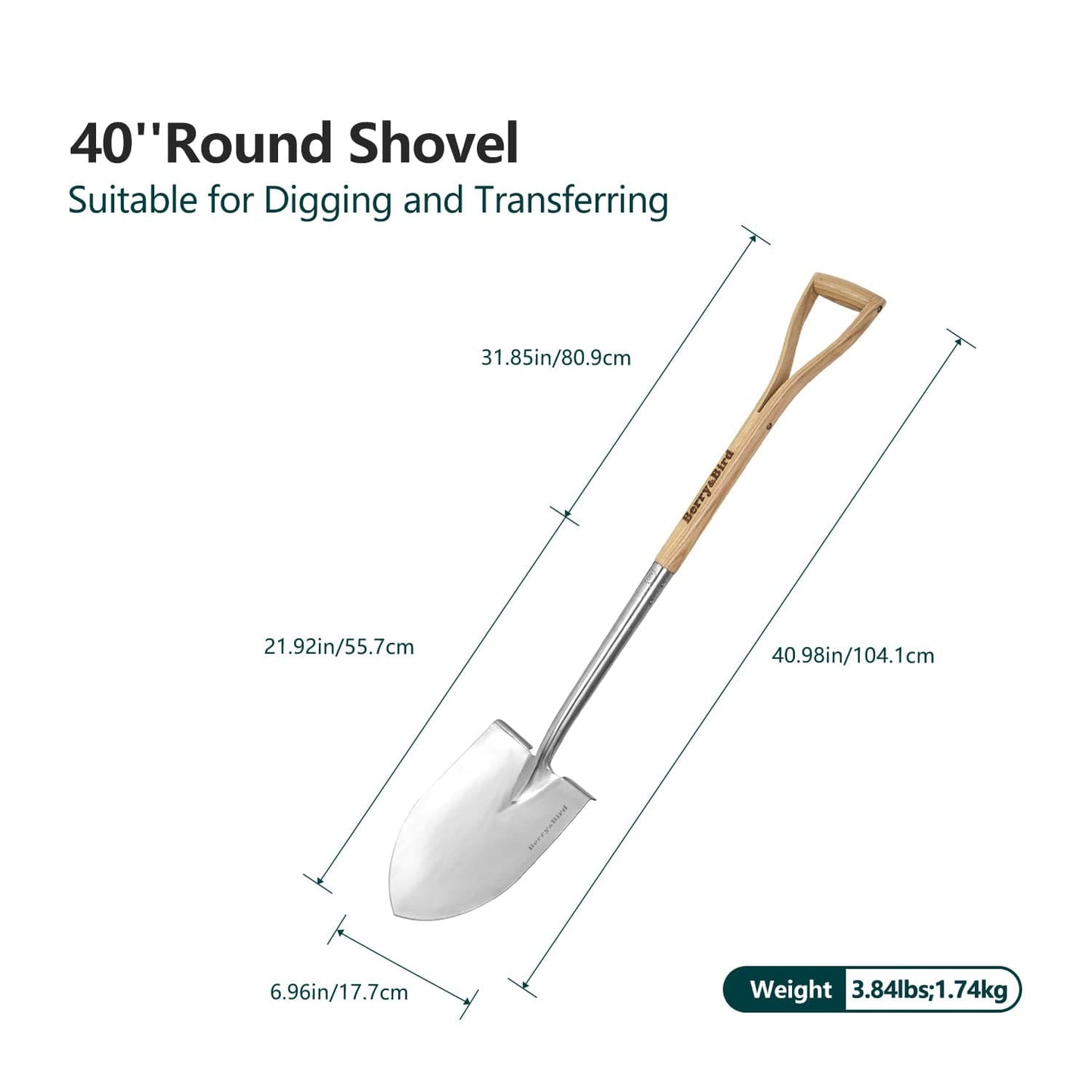 Garden Tools Spade Shovel Round Point Shovel 40.98 inch with Wooden D-Handle Stainless Steel Snow Shovels