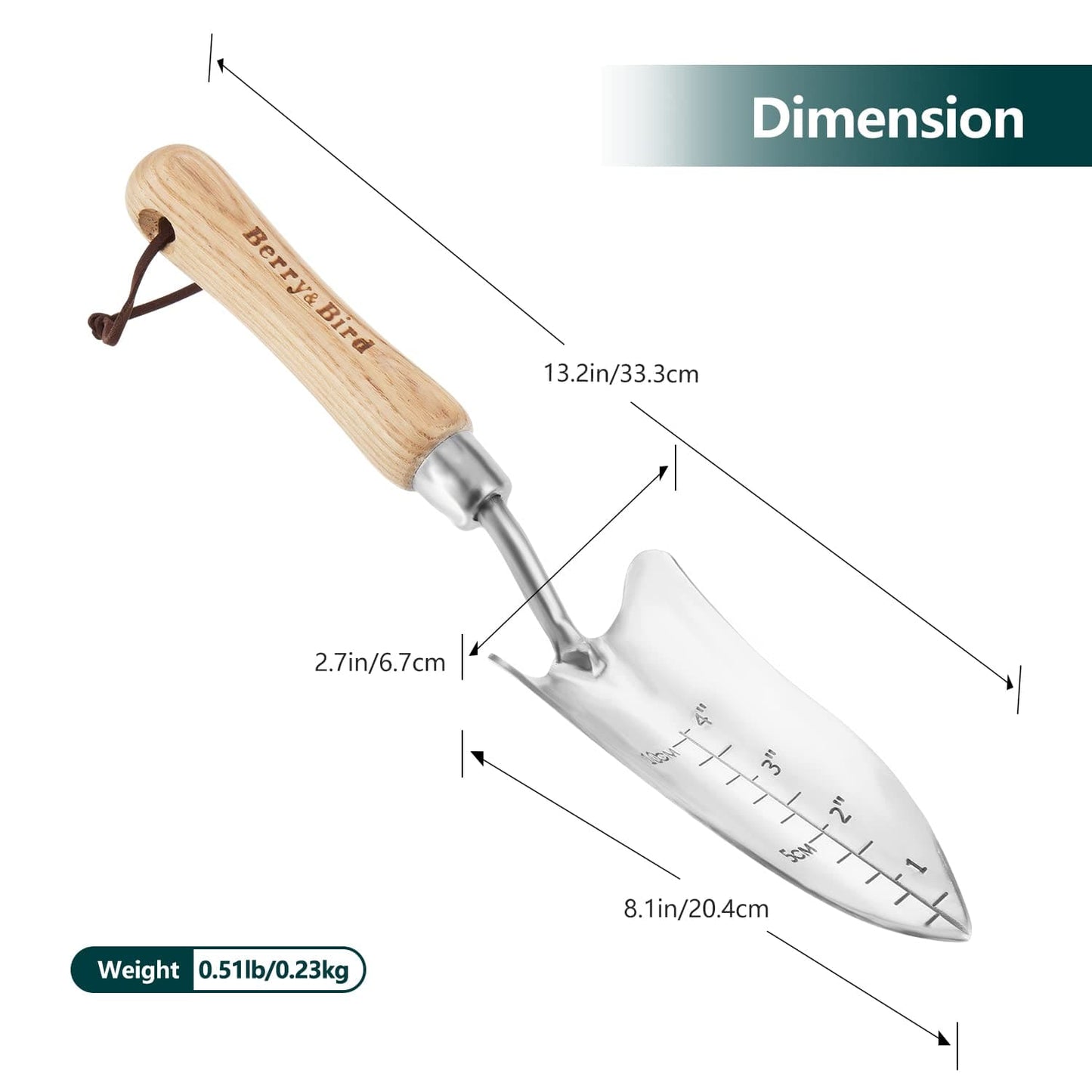 Garden Tools Transplant Trowel 13.2 Inch with Wooden Handle and Stainless Steel Potting Hand Trowel with Measurements