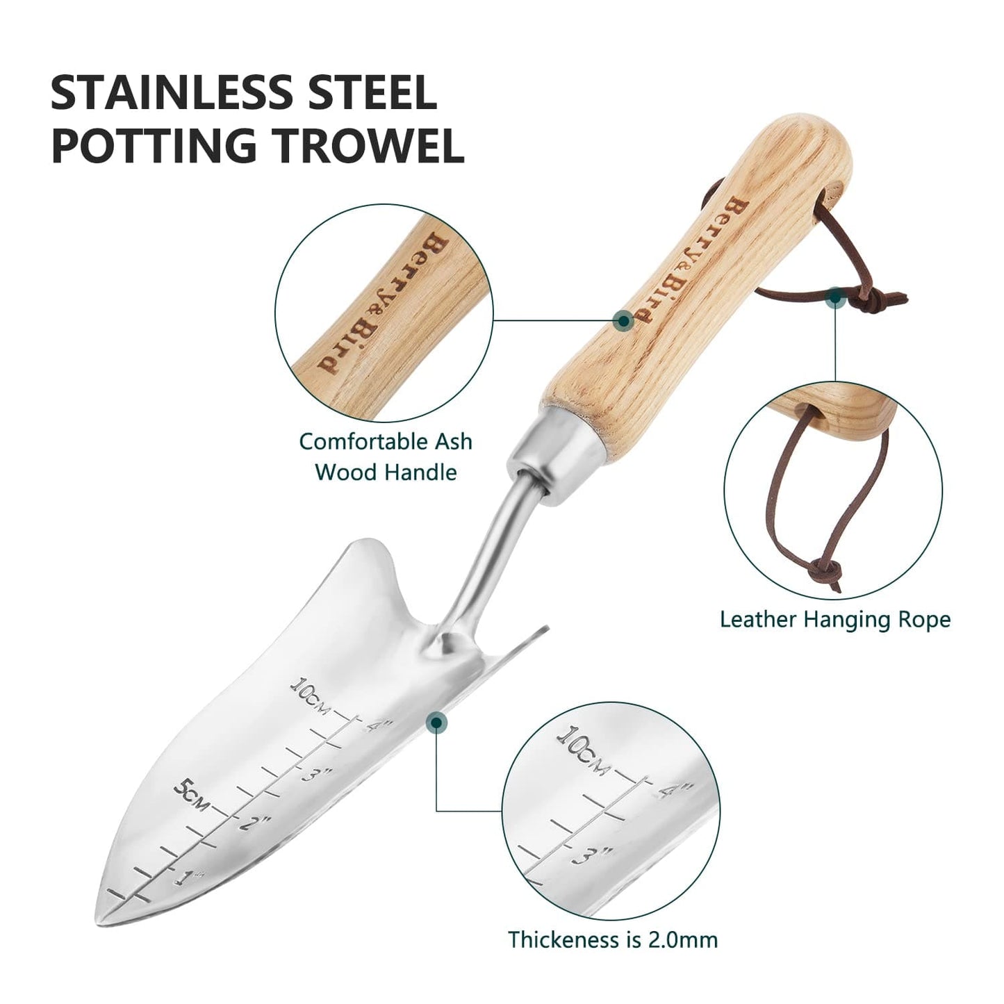 Garden Tools Transplant Trowel 13.2 Inch with Wooden Handle and Stainless Steel Potting Hand Trowel with Measurements