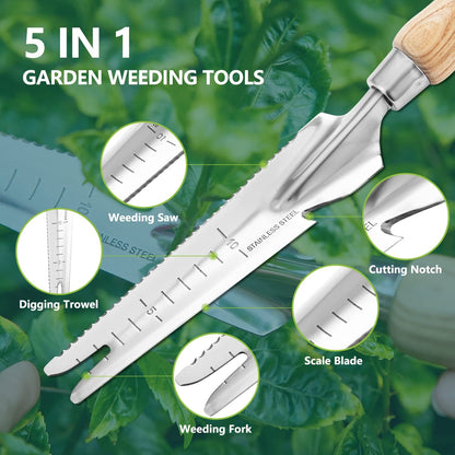 Garden Tools Weeding Trowel 13.2 inch with Wooden Handle Stainless Steel Multifunctional Manual Weed Puller and Digging Knife