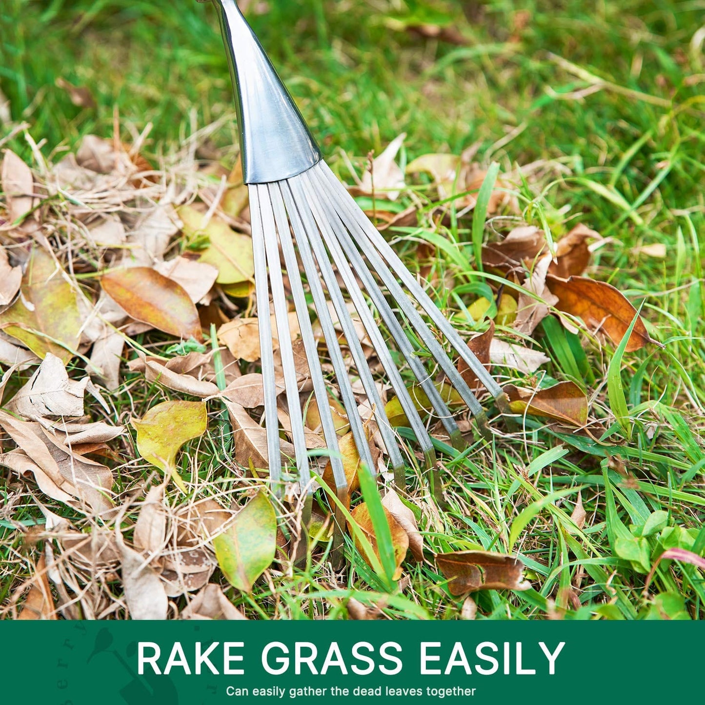 Garden Tools Hand Shrub Rake 14.7 inch Stainless Steel Grass Rake 9 Tines Fan Lawn Leaf with Wooden Handle