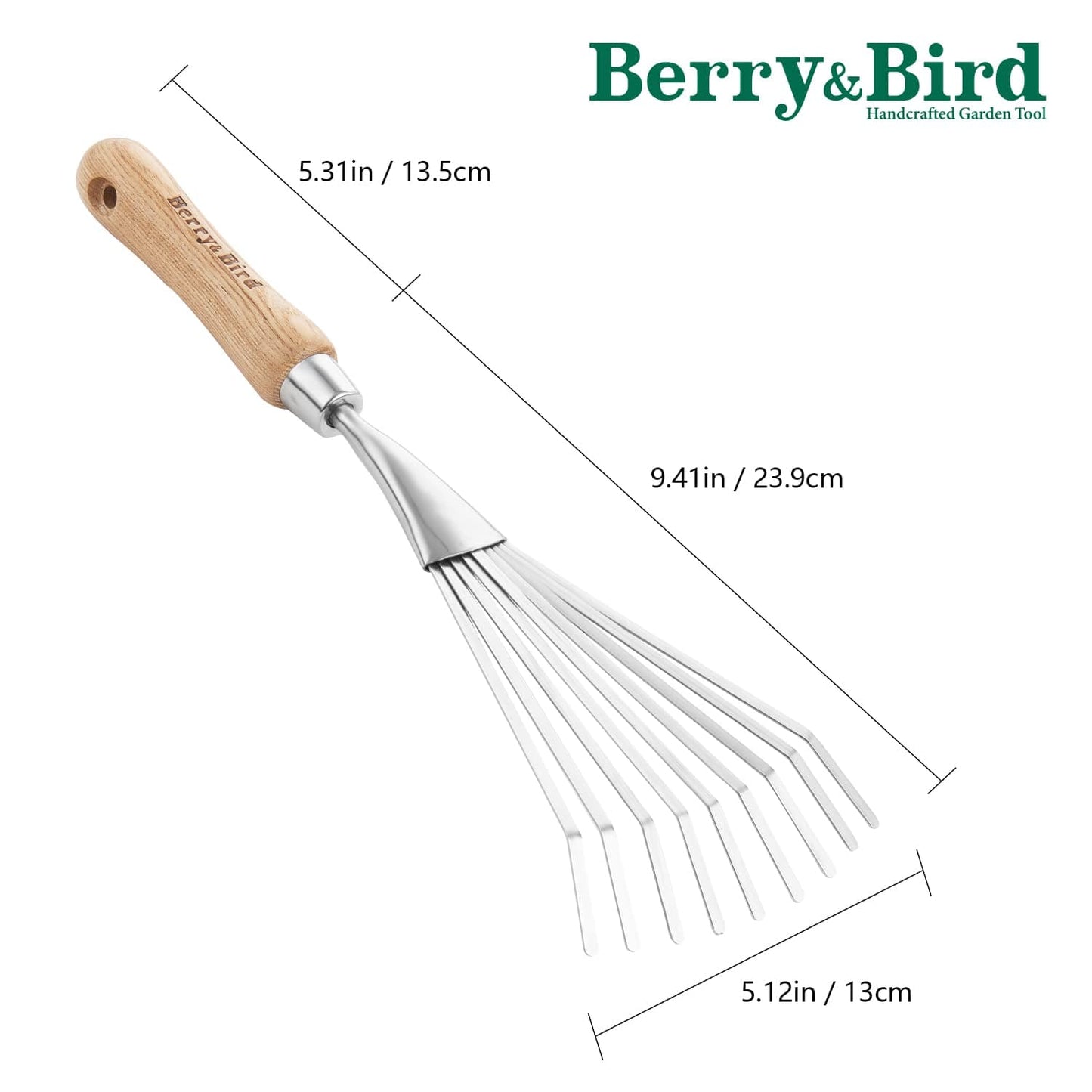 Garden Tools Hand Shrub Rake 14.7 inch Stainless Steel Grass Rake 9 Tines Fan Lawn Leaf with Wooden Handle