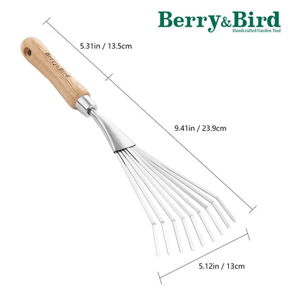 Garden Tools Hand Shrub Rake 14.7 inch Stainless Steel Grass Rake 9 Tines Fan Lawn Leaf with Wooden Handle