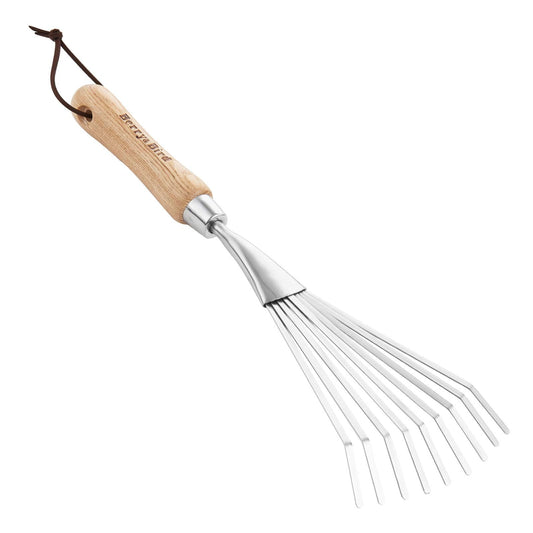 Garden Tools Hand Shrub Rake 14.7 inch Stainless Steel Grass Rake 9 Tines Fan Lawn Leaf with Wooden Handle