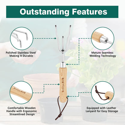 Garden Tools Hand Cultivator 11.2 Inch with Wooden Handle Stainless Steel Handheld Triple Claw Hand Rake