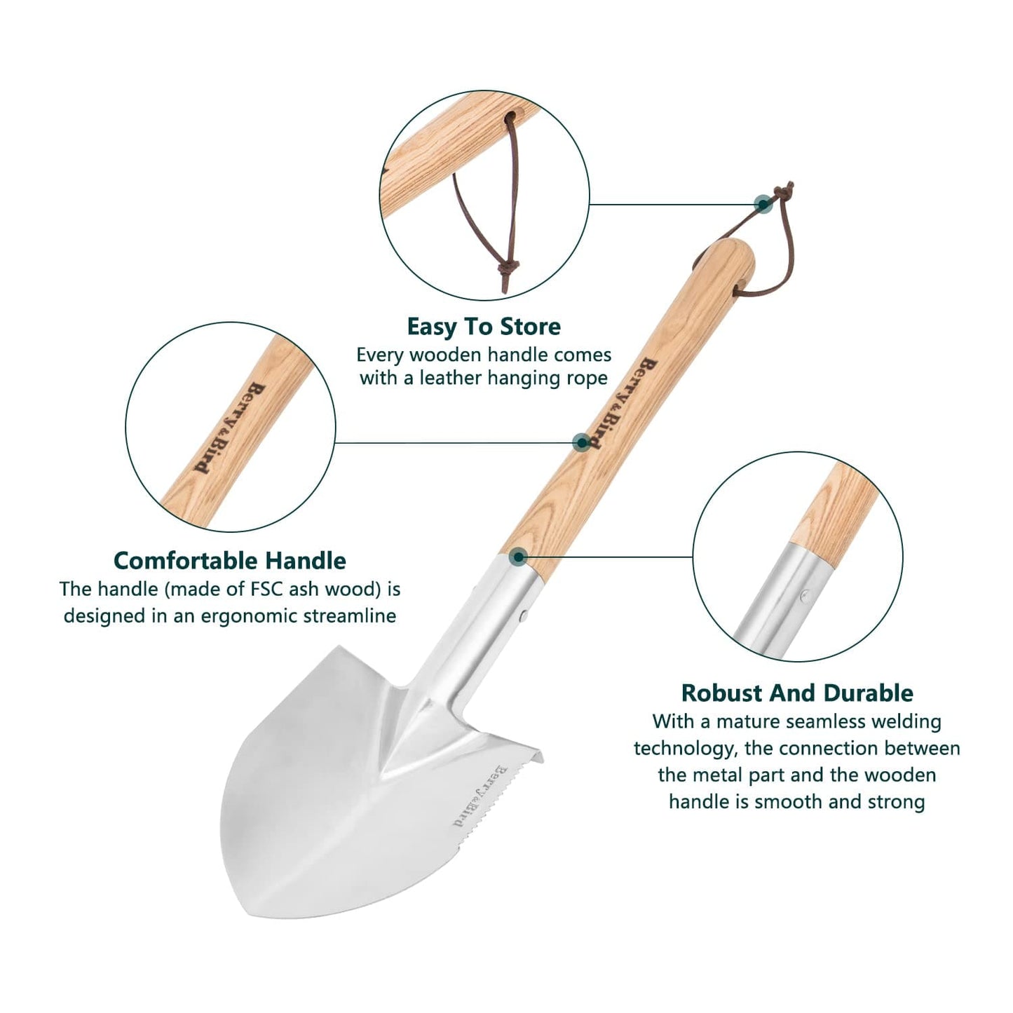 Garden Tools Short Hand Camping Shovel 19.7 inch with Wood Handle and Serrated Multipurpose Stainless Steel Gardening Digging Spade