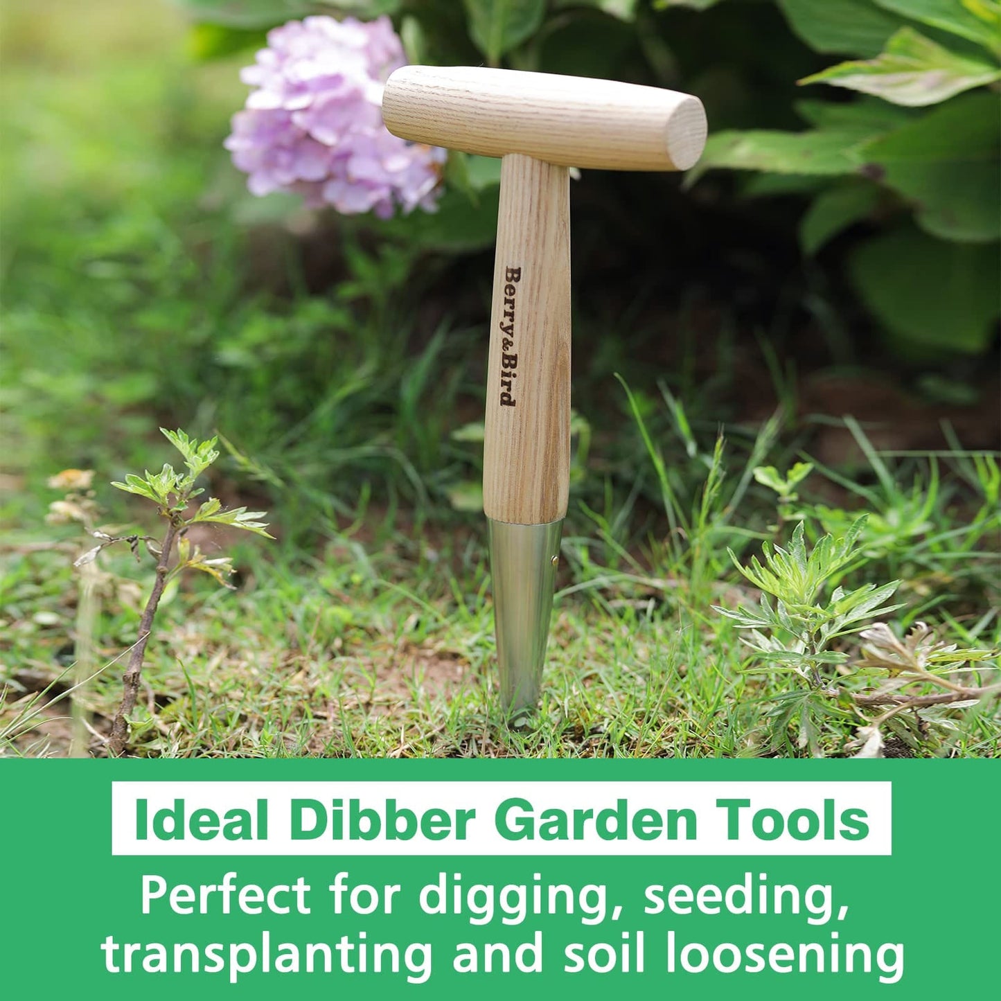 Garden Tools Hand Dibber 11.1 Inch with Wood Handle Stainless Steel Hole Punch Dibbler Tool