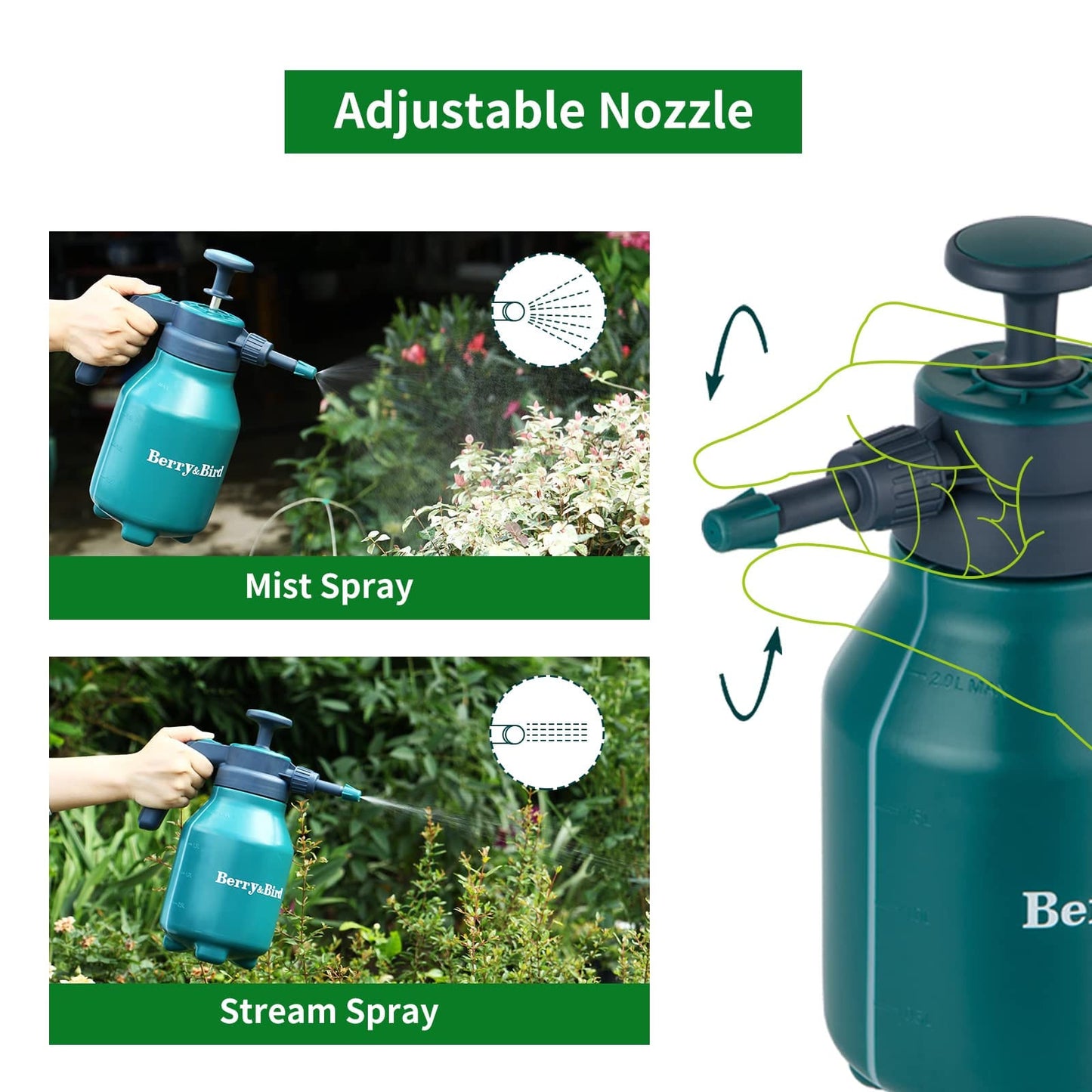 Garden Tools Sprayer Bottle 0.5 Gallon 68 oz Handheld Pump Sprayer with Adjustable Nozzle (2L, Dark Green)