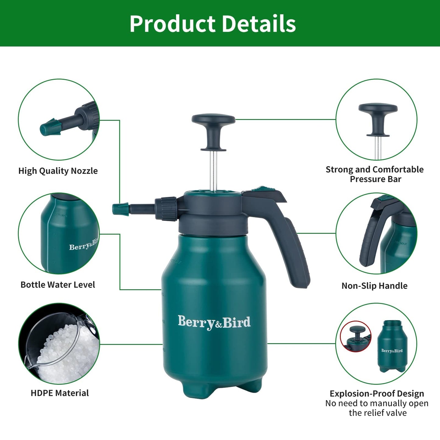 Garden Tools Sprayer Bottle 0.5 Gallon 68 oz Handheld Pump Sprayer with Adjustable Nozzle (2L, Dark Green)